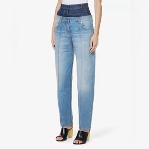 Loewe
Women's Blue Trompe L'oeil Double-waistband Tapered High-rise Denim Jeans
